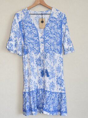 Label of Love Blue White Floral Flutter Sleeve Tassel Waist Mini Dress M